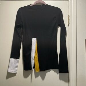 Du Jour Black White Mustard Front Slit Long Sleeve Color Enhanced Top